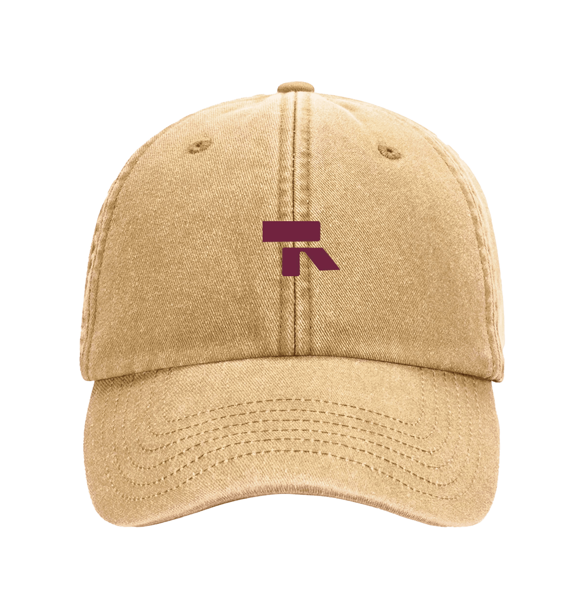 RT cap Vintage Mustard met bordeaux logo, voorkant