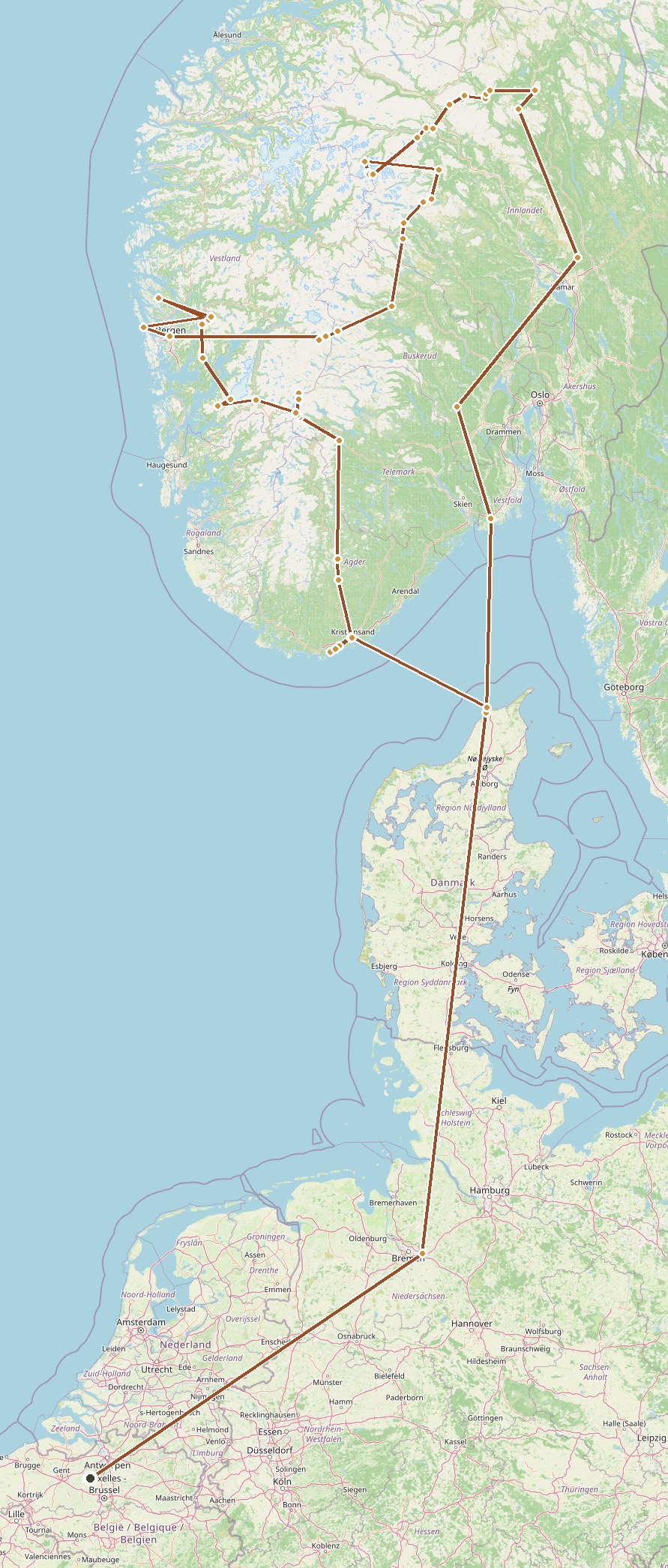 Route map from Belgium to Norway